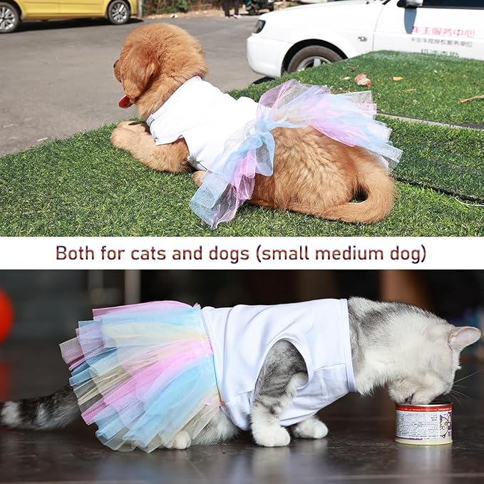 ANIAC White Dog Dress, Summer Puppy Clothes for Small Dog Girl, Spring Princess Dress, Cat Outfit, Pet Clothing for Cats & Kittens, Rainbow (Large, White)