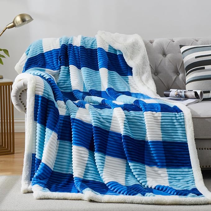 PU MEI Sherpa Blanket Twin Plaid Thick Bed Blanket, 60”*80” Super Soft Flannel Fuzzy Fleece Reversible Velvet Plush Warm Blanket for Couch (Blue Check, 60"*80")