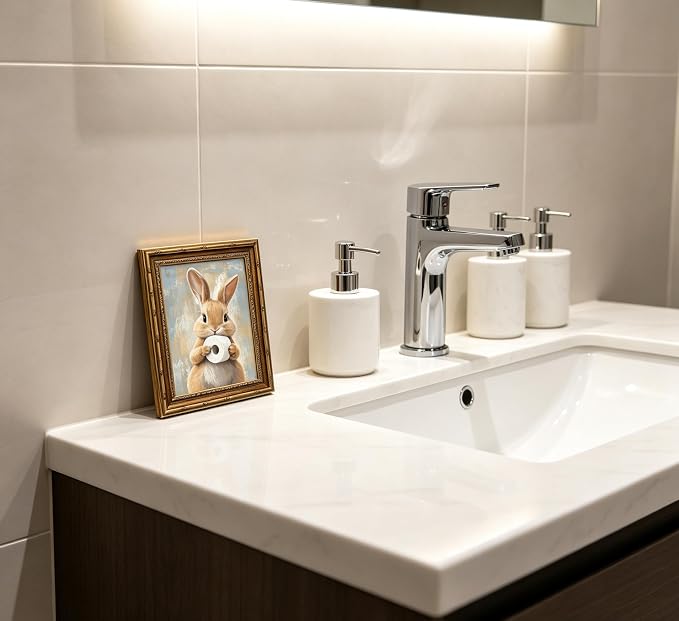 Vintage Gold Framed Bunny Easter Bathroom Wall Art Funny Rabbit and Toilet Paper Painting Canvas Prints Country Animal Picture Wall Decor Rustic Farmhouse Poster Artwork for Restroom Toilet Washroom