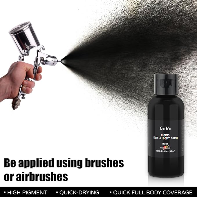 Go Ho Liquid Black Face Body Paint(2.1 oz),Black Makeup Water Based Face Paint and Body Paint for Airbrush Makeup Special FX, Cosplay, and Halloween Make up