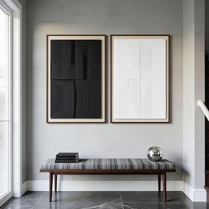 Thalasse Modern Abstract Wall Art Large Framed 3D Black White 24x36 In | Textured geometric sandstone architecture pictures, living room office hallway decor, 2 piece set