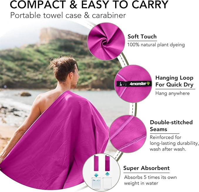 4Monster Quick Dry Travel Towel with Case & Carabiner – Super Absorbent Microfiber Gym & Camping Towel. Compact, Lightweight, Fast Drying for Beach, Swimming, Hiking, Backpacking
