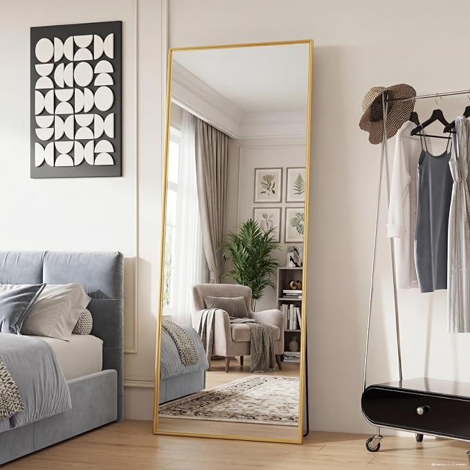 DUMOS 24"x65" Full Length Floor Mirror, Full Body Mirror | Standing Aluminum Frame, Bedroom Body Hanging Leaning, Living Room Cloakroom Home Decor, Gold