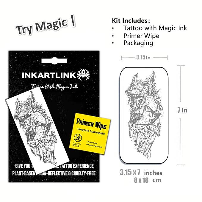 INKARTLINK Semi Permanent Tattoo, Creative Party Tattoo, Exquisite and Realistic Design, Interesting Tattoo Experience, Cruelty-free, Non-reflective, Waterproof (Wolf Swordsman)