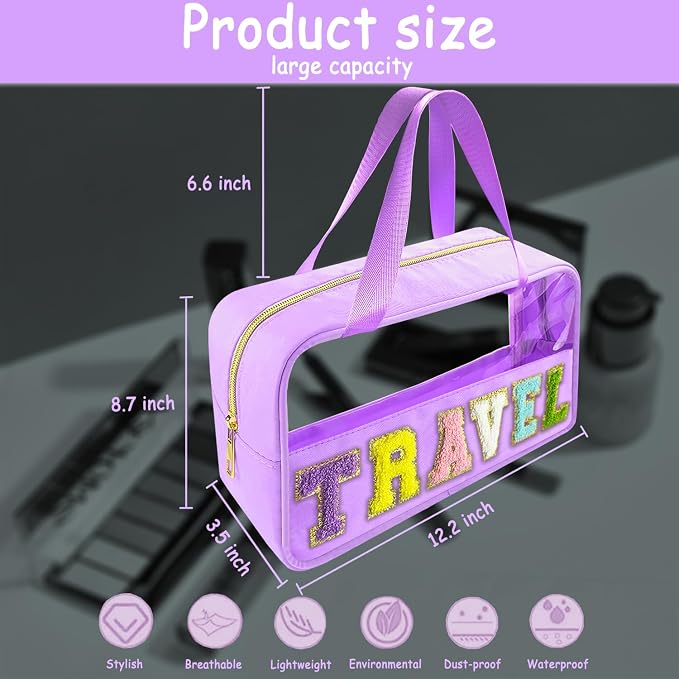Bunliuys Chenille Letter Clear Makeup Bag Travel Patch, Travel Toiletry Makeup Bag with Handle, Nylon Waterproof Makeup Bags clear cosmetic bag, preppy patch makeup bag for Women (TRAVEL-Violet)
