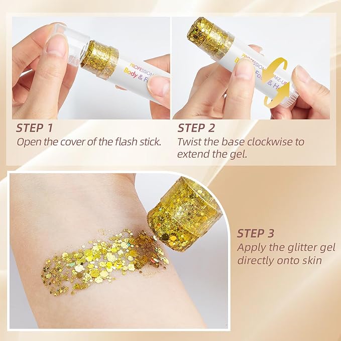 Hair Glitter Stick, Perfect Sparkling Theme Day Neon Outfit Singer Concert Music Rave Festival Party Christmas Accessories Face and Body Glitter Makeup. (Gold &White& Red)