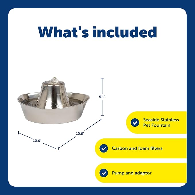 PetSafe Seaside Stainless Cat & Dog Fountain, 60 oz, 2 Filters & Pump | 60 Oz Capacity, 360-Degree Flow, Triple-Filter with 2.5x More Activated Carbon, Scratch/Rust-Resistant Stainless Steel