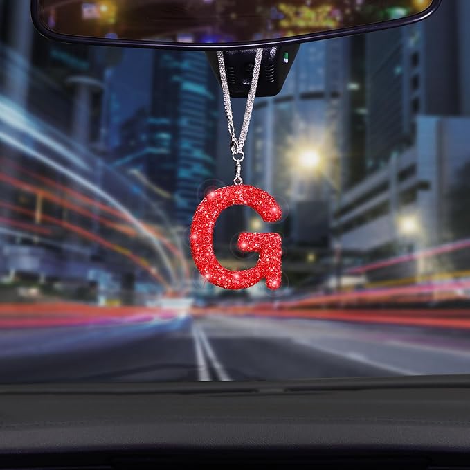 Bling Letter G Car Charm Pendant Letter Hanging Ornament for Rear View Mirror Decoration (Red, G)
