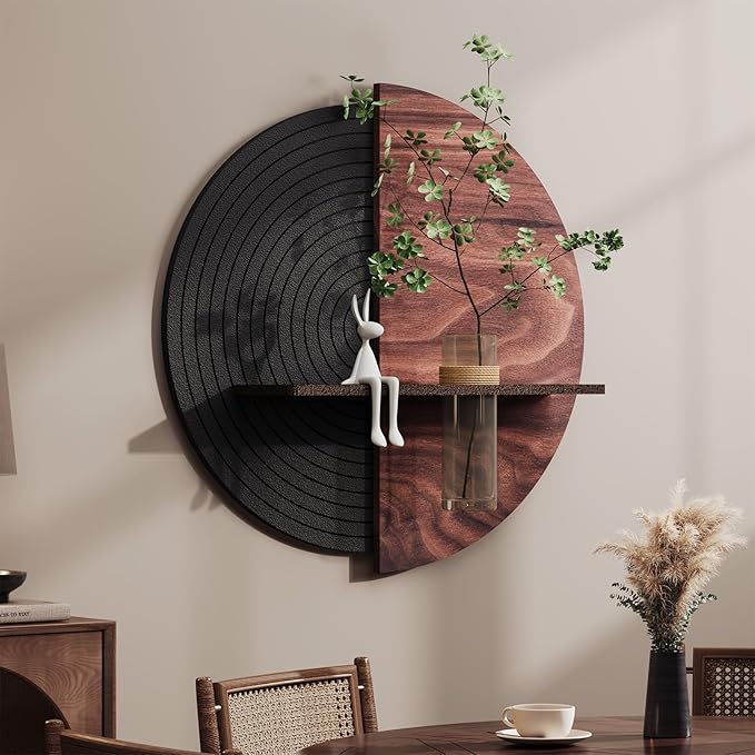 3D Textured Abstract Modern Black and Brown Round Wall Art Decor, 24x24 In | With shelf, Minimalist, Geometric circle, Artwork for walls, Sandstone textured, Living room, Dining room Hallway wall decor