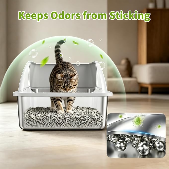 Stainless Steel Cat Litter Box, Extra Large XL Odor Free Metal Litter Box with High Sides Lid, Open Top Litter Pan Include Scoop Easy Cleaning Kitty Cat Box Anti-Urine Leakage, Non-Sticky