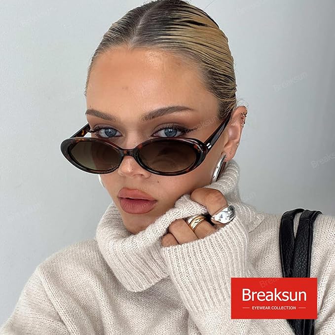 Breaksun Retro Oval Sunglasses for Women Men Fashion Small Oval Sunglasses 90s Vintage Shades