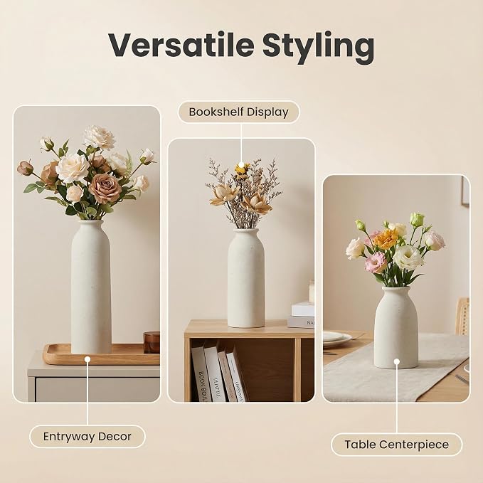 CEMABT Beige Ceramic vase Set-3 Flower vases for Decor,Modern Boho Farmhouse Home Decor,Decorative vase for Pampas Grass&Dried Flowers,idea Shelf,Table,Bookshelf