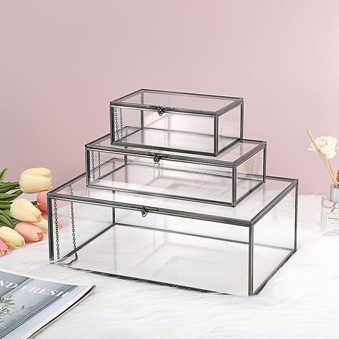 Hipiwe Glass Keepsakes Display Box with Lid - Decorative Black Glass Box | Clear Rectangle Storage for Trinket Perfume Cards Gift