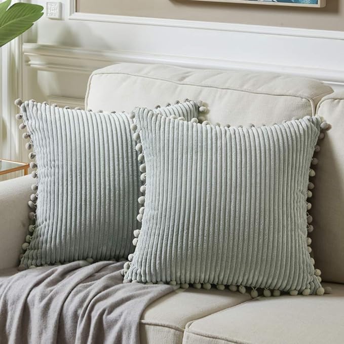 Fancy Homi Pack of 2 Farmhouse Decorative Throw Pillow Covers with Pom-poms, Soft Corduroy Accent Solid Square Cushion Case Set for Couch Sofa Bedroom Car Living Room (16x16 Inch/40x40 cm, Grey)