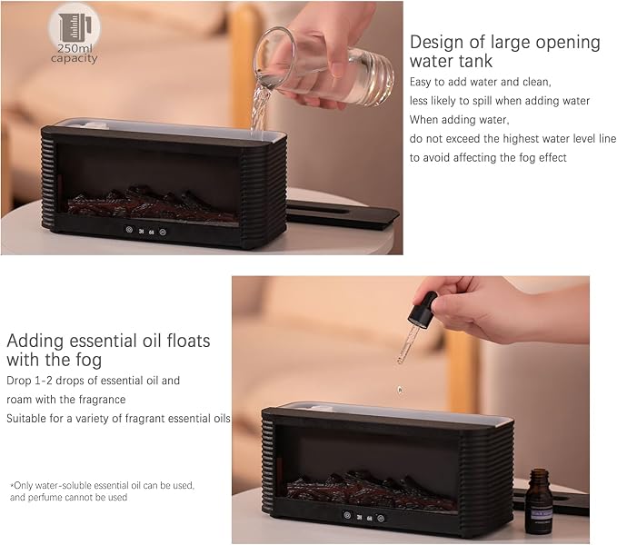 Fireplace Flame Aromatherapy Diffuser, 250ml Ultrasonic Cool Mist Humidifier with Remote Control, 7 Colors Firelight Essential Oil Diffuser for Home and Office (Black)