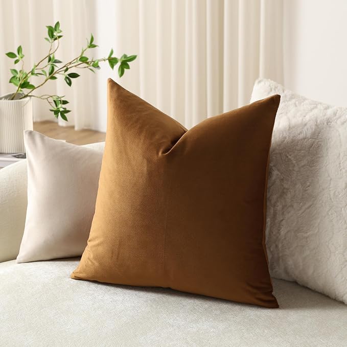 Euro Sham Covers 26x26 Golden Brown: Pack of 2 Cozy Soft Velvet Square Modern Luxury Decorative Throw Pillow Cases for Sofa Couch Living Room Bed Home Decor