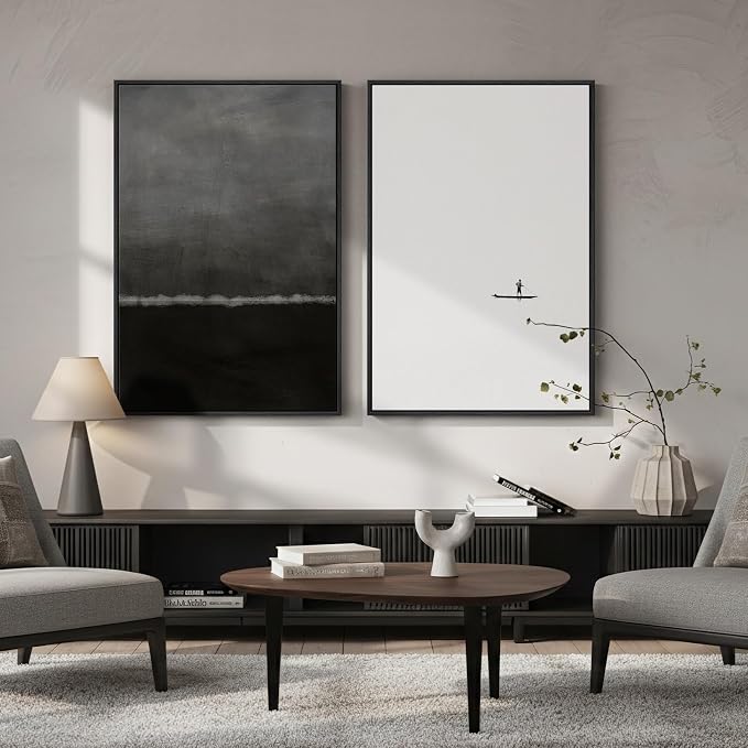 Large Framed Black and White Abstract Wall Art for Living Room, Set of 2 Modern Minimalist Canvas Prints Artwork for Walls, Seascape Pictures for Bedroom Dining Room Hallway Office Wall Decor 24x36 In