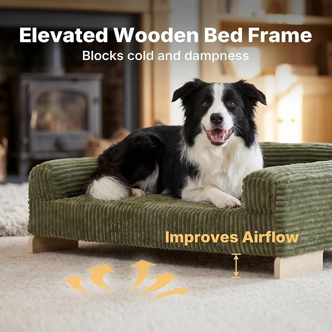 Veehoo Elevated Dog Bed Indoor, Wood Furniture Style Dog Couch Sofa | Small medium dogs sofa, sturdy wood frame, washable cover, easy assembly, supportive foam