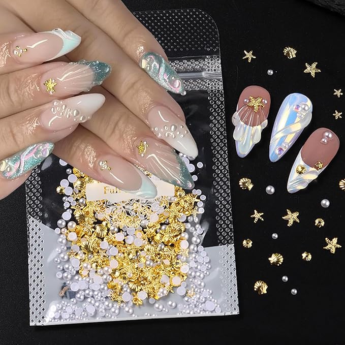 Summer Nail Charms, Ocean Style Starfish Scallop Half-Round Pearl Mixed Mini Nail Jewelry Gold Nail Rhinestones Pearls Ocean Theme Designs Metallic Slice DIY Manicure Nail Parts Y2K for Nails