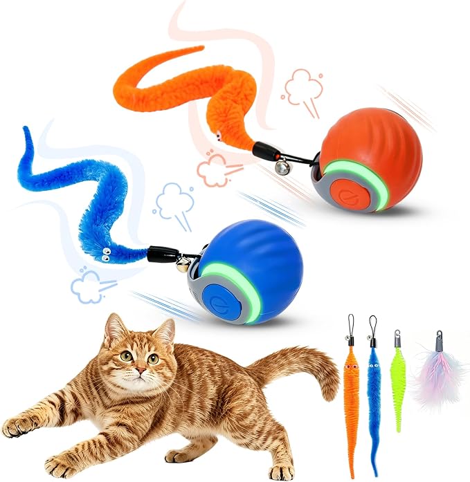 Interactive Cat Toy Ball - Automatic Moving Cat Ball for Indoor Cats with 3 Tails, Rechargeable Silent Kitten Toy for Boredom & Exercise, Rolling Ball Toy with 2 Modes & 2 Speeds.