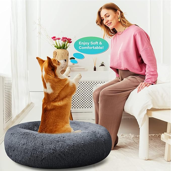 SAVFOX 20 inches Calming Donut Dog Bed - 3X Durable Plush Faux Fur, Machine Washable & Non-Slip, Fits up to 15 lbs, Dark Grey