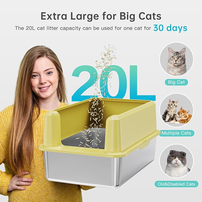 Stainless Steel Cat Litter Box, XL High Sided Open Top Litter Pan, 1 Scoop | Extra Large Litter Box for Big Cats, High Sides, Anti-Urine Leakage, Non-Stick, Odor-Free, Easy Clean, Reduce Litter Tracking