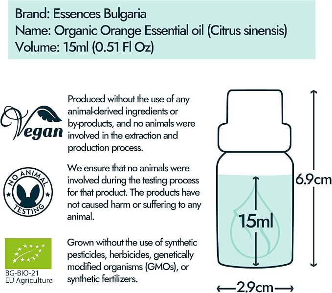 Essences Bulgaria Organic Orange Essential Oil 0.51 Fl Oz 15ml Citrus sinensis - 100% Pure and Natural Undiluted Therapeutic Grade Home Aromatherapy Humidifier Vegan Cosmetic Skincare Candles