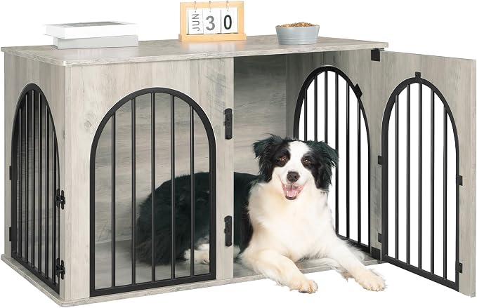 Hzuaneri 39.4'' Dog Crate Furniture,Dog Kennel Indoor for Medium/Large Dogs | Dog Kennel Furniture Wooden Dog Cage Heavy Duty Dog Crate Decorative Pet House End Side Table TV Stand,Greige Black DFC84105B