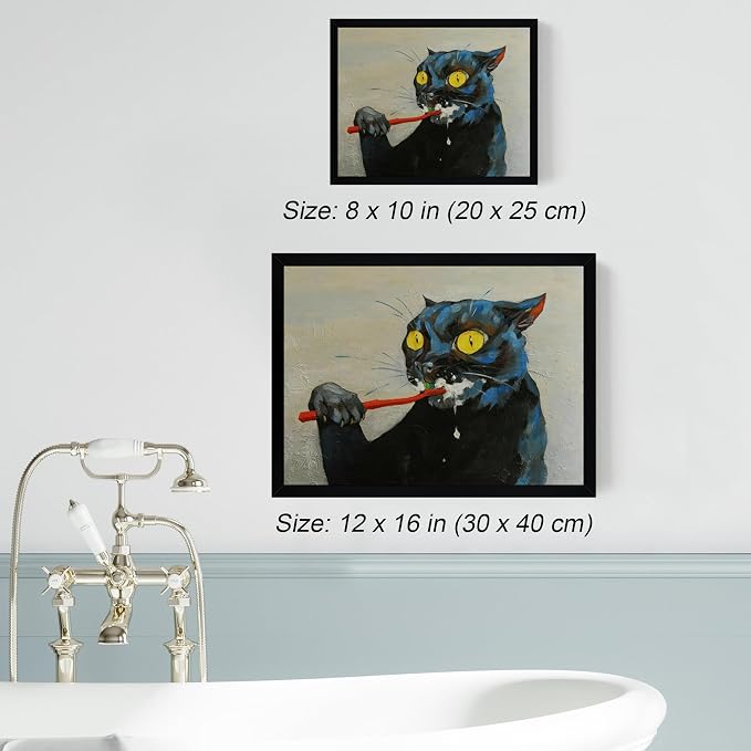 ICHZUMW Framed Funny Black Cat Bathroom Decor Canvas Wall Art, 12x16 Inches | Quirky Black Cat Brushing Teeth Painting, Humorous Bathroom Wall Decor, Restroom Powder Room, Fade Resistant, Ready to Hang