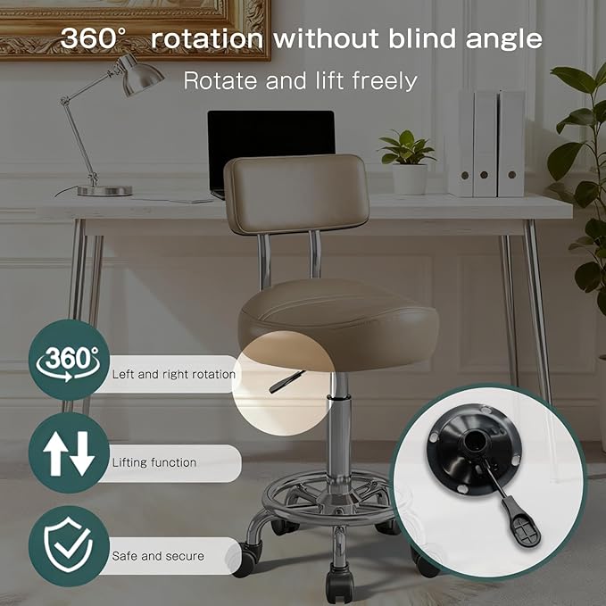 Saddle Stool with Back and Ring Pedal, Adjustable Hydraulic Rolling Chair with Wheels for Salon, Spa, Medical, Massage & Drafting Use Khaki