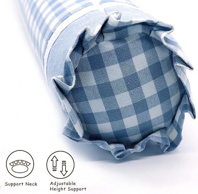 Buckwheat Neck Roll Pillow with Adjustable Fill – Cervical Bolster for Neck Lumbar Support, Cooling Cylinder Pillow for Side and Back Sleepers (16x4 inch, PlaidBlue)