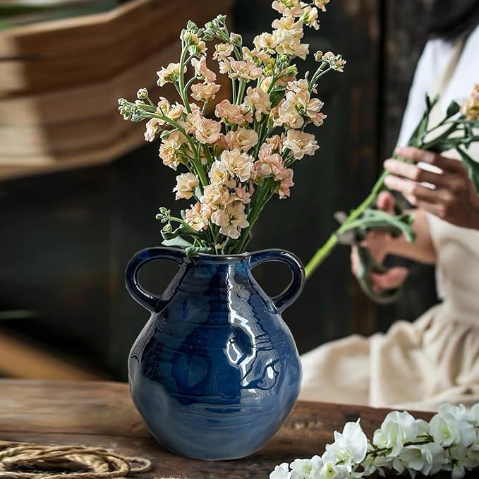 LIFFY Blue Ceramic Vase for Flowers, 6.3 Inch Tall Modern Farmhouse Centerpiece with Double Handles, Vintage Rustic Decorative Vases Home Table Decor (Navy Blue)