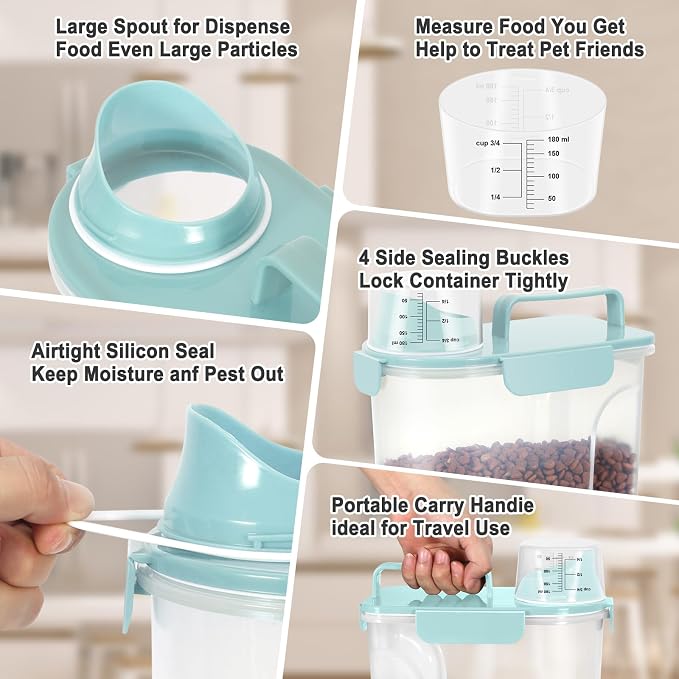 Dog Cat Food Storage Container with Cup (Light Blue, 5L)