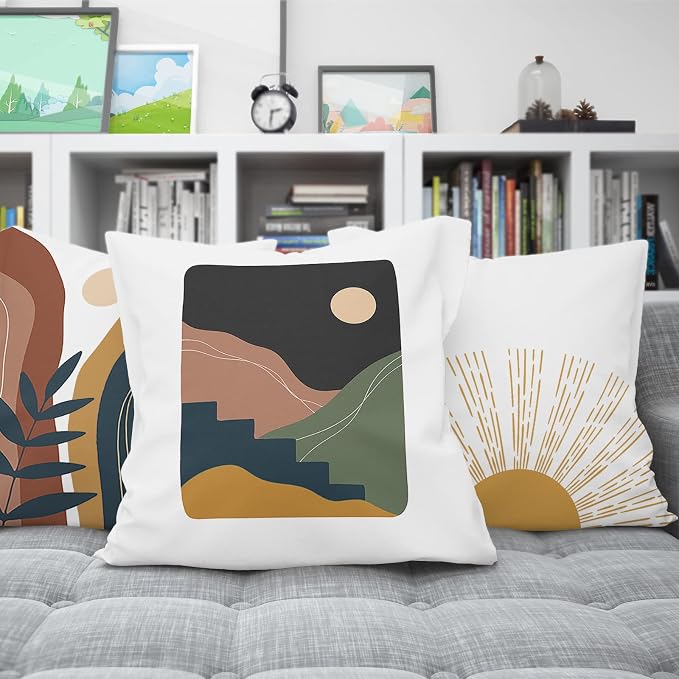 COMMINY Abstract Boho Pillow Covers 18x18 Set of 6,Rustic Sunset Leaves Throw Pillow Cover,Minimalist Modern Pillow Case for Couch Sofa Room Home Decor | Breathable Linen, Botanical Leaf, Sunset Pattern, Standard Pillow Size, Modern Couch Sofa Living R...
