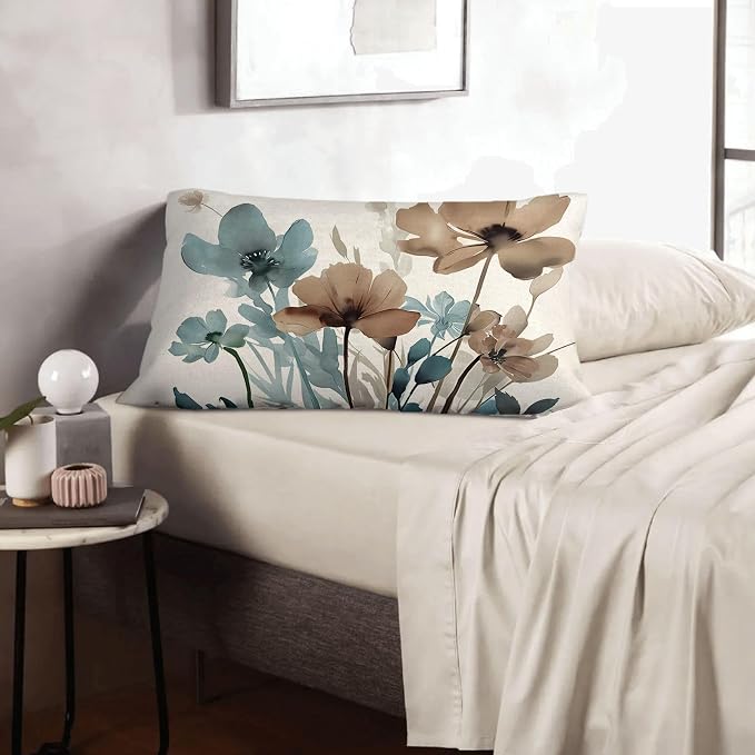 Spring Floral Pillow Covers 12x20 Inches Set of 2 Blue Brown Floral Throw Pillow Covers Outdoor Rustic Summer Flower Decor Pillowcase Farmhouse Decorative Lumbar Cushion Cover for Sofa Couch