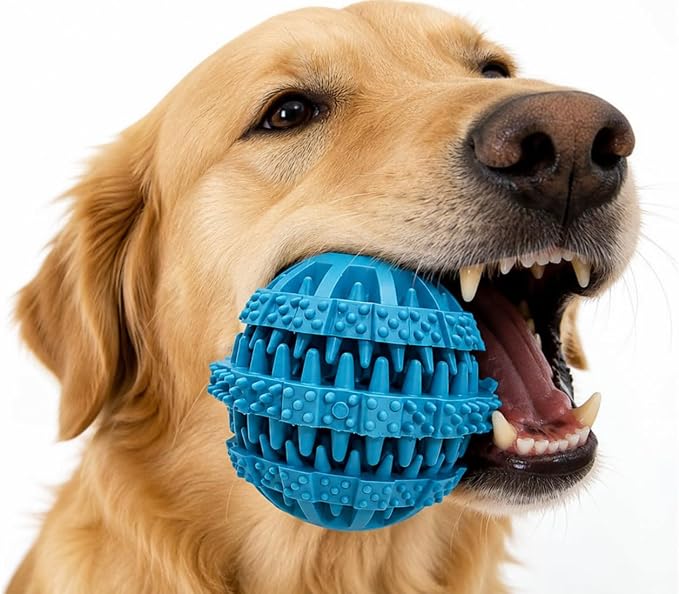Rubber Dog Chew Toy Ball, Blue and Yellow, Bite-Resistant, Interactive Teeth Cleaning, Hidden Food Treat Dispenser for Dogs (Blue)
