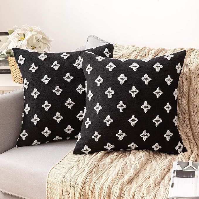 Pack of 2 Flower Tufted Throw Pillows Embroidered Flowers 3 Size and Color Options Come with Inserts (Black, 18"x18" with Insert)
