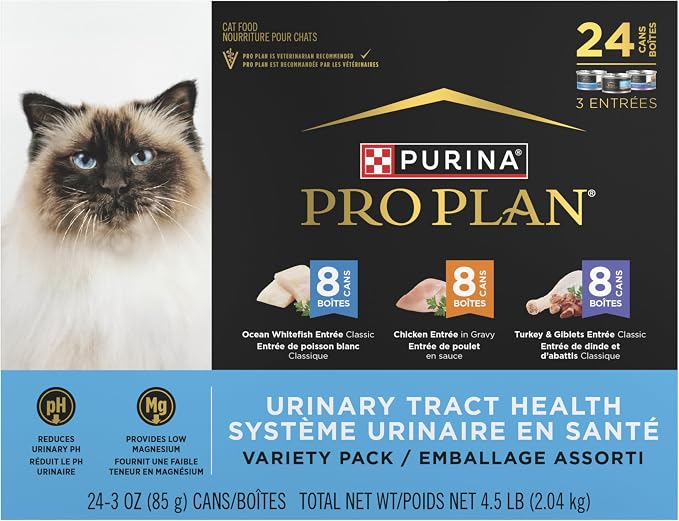 Purina Pro Plan Urinary Cat Food Wet Variety Pack Urinary Tract Health Ocean Whitefish,Chicken,Turkey and Giblets - 3 oz. Cans,(Pack of 48)