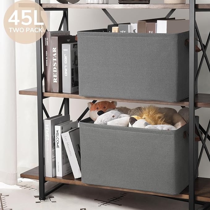 CHICVITA 45L Extra Large Storage Baskets for Shelves, 2-Pack, Grey | 19" L x 13" W x 11" H, Metal Frame, Clothes, Blankets, Toys & Household Essentials Storage, Closet & Living Room Organization