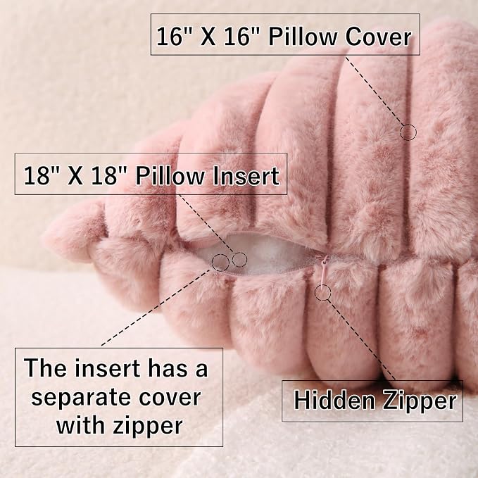 Decorative Throw Pillow with Inserts, Set of 2 Soft Faux Fur Throw Pillows, Square Boho Striped Pillow for Couch, Bed, Sofa Decor (Pink, 16" x 16"(Pack of 2))