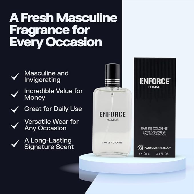 PB ParfumsBelcam Enforce Homme Eau de Toilette Spray for Men – Long-Lasting Woody Sandalwood Fragrance with Citrus & Musk, Masculine Cologne, Affordable Luxury, Daily Signature Scent - 3.4 Fl Oz