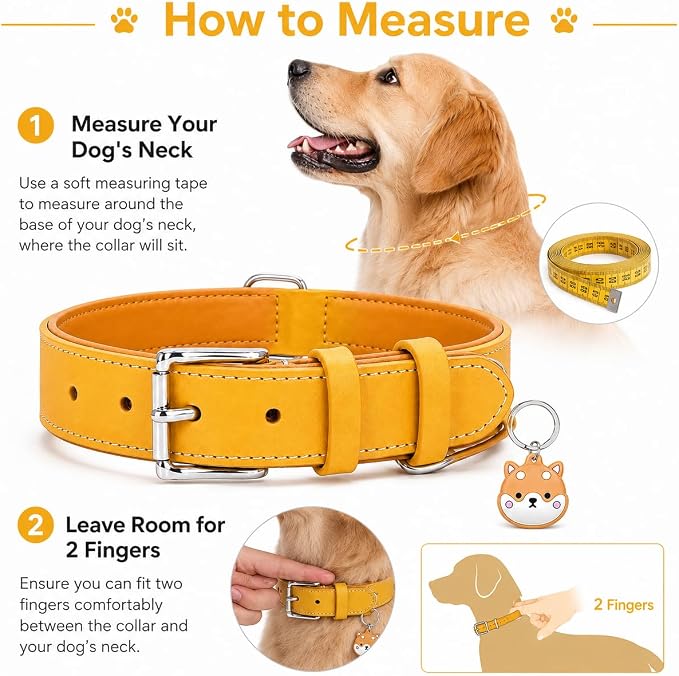 Genuine Leather Dog Collar, Soft Padded Leather Dog Collars with Airtag Holder Case for Small Medium Large X-Large Dogs,Comfort Heavy Duty Pet Collar with Durable Metal Buckle & D-Ring-Light Yellow/XL