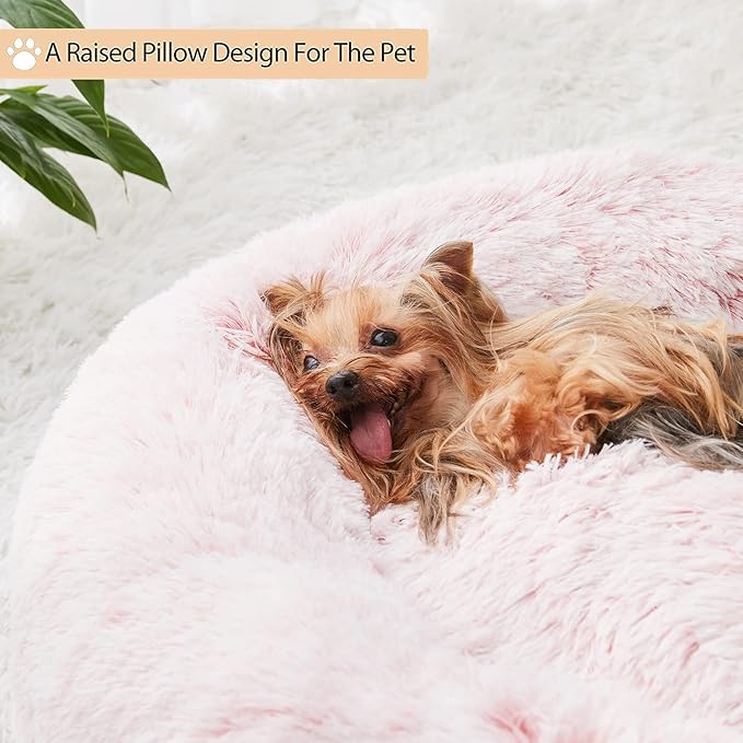 WNPETHOME Small Pink Round Calming Dog Bed Cat Bed for Comfy Sleep | Dog Beds For Small Dog, Cute Washable Puppy Bed with Fluffy Plush, Faux Fur Anti Anxiety Pet Bed Donut Cuddler (20x20x8 Inch)