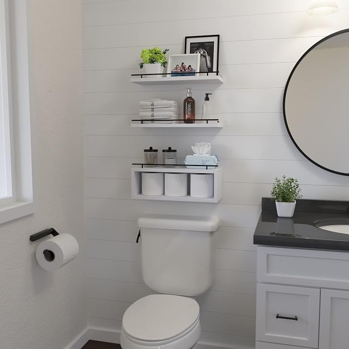 Floating Shelves for Wall with Cube Shelf, Wall Shelves with Metal Rail for Decor, Bathroom Organizers and Storage, Over Toilet Shelves for Bathroom, Toilet Paper-White