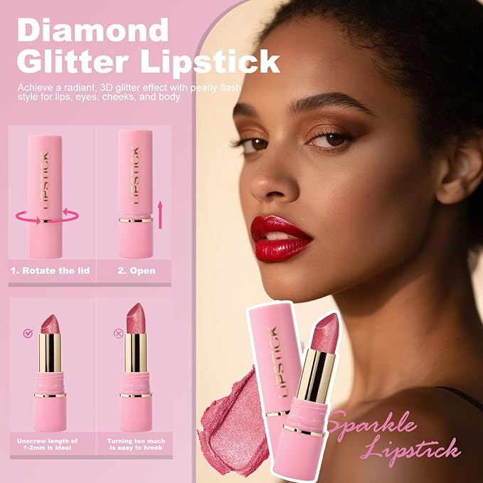 Metallic Lipstick Glitter Lip Stick Long Lasting Waterproof Shine Lip Crayon without Drying or Fading Sparkling High Pigmented Lip Stain Transfer-proof Wear Full Coverage Makeup for Women, 4