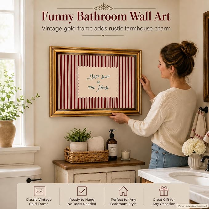 Funny Bathroom Wall Art, Vintage Gold Framed Best Seat in the House, 12x16 | Red striped canvas with Best Seat in the House quote, rustic farmhouse decor for bathroom, living room, bedroom or entryway