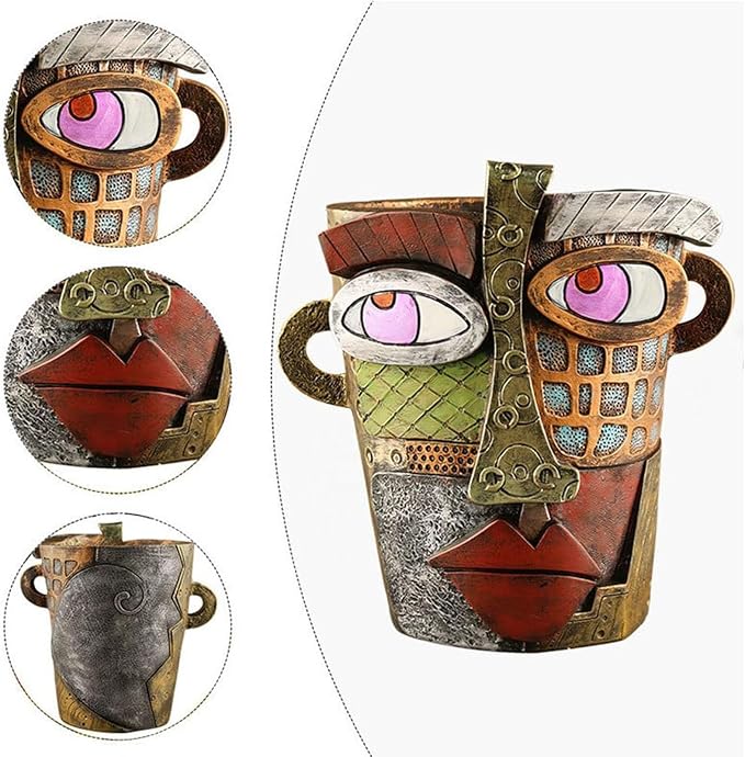 Picasso Brutalist Abstract Beauty Face Flower Pot Acolorful Art Resin Handmade Face Planters Pots Head for Home Art Decor Balcony Ornaments (Retro), RCZED152