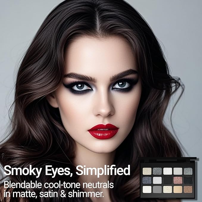 Erinde Smokey Black Eyeshadow Palette, 15 Colors Eyeshadow Pallet with Mirror, Silver Gray White Black Tones Matte Shimmer Eye Shadow Travel Size High Pigmented for Vampire Clown Joker Goth Halloween