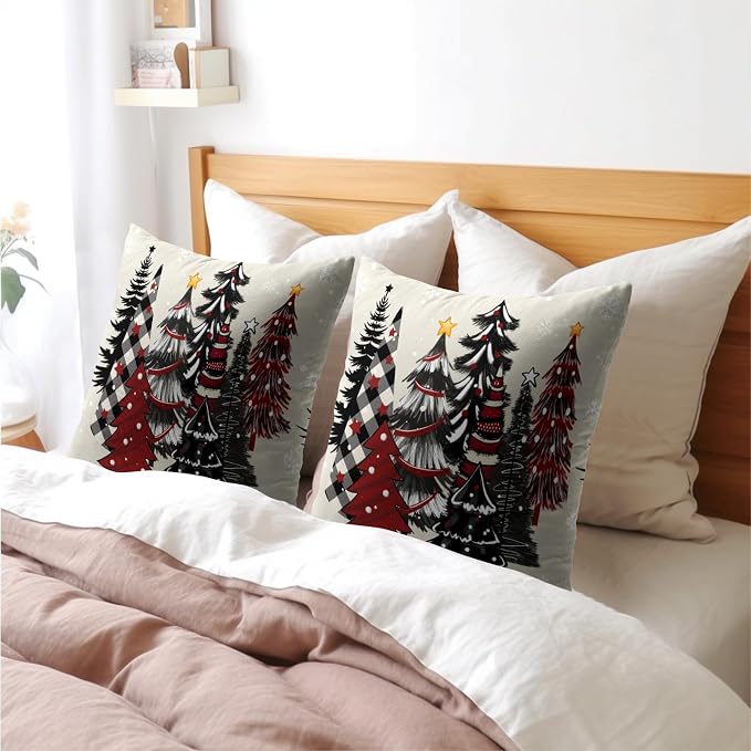 Kawani Buffalo Plaid Trees Pillow Covers 20x20 Set of 2 Red Black Christmas Tree Winter Holiday Decor Throw Cushion Case Cotton Linen for Home Sofa Bedroom Livingroom Decor