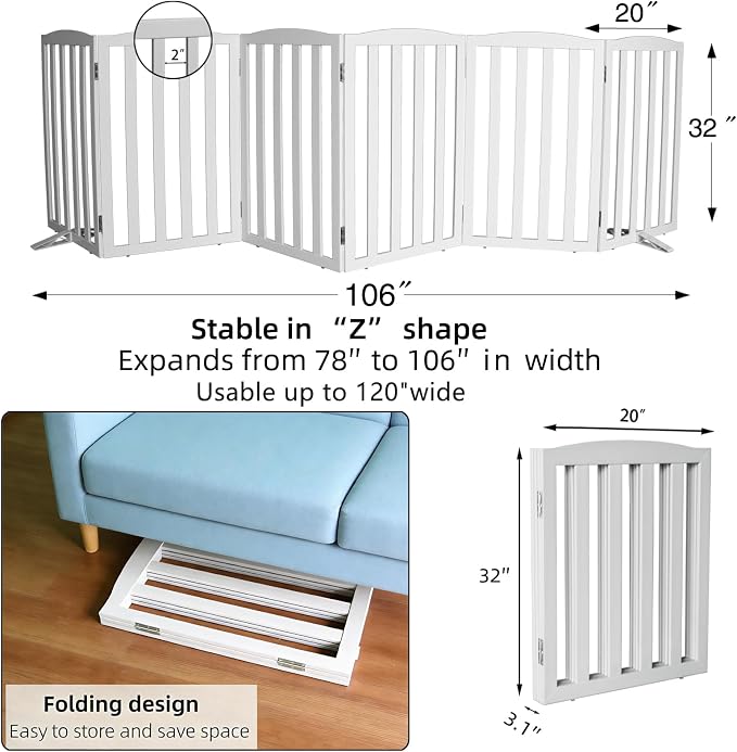 ZJSF Foldable Freestanding Indoor Dog Gate for House Wood White Long Pet Gates Dog Fence for Stairs Puppy Gates for Hallways,Pet Fence, Puppy Gate,Support Feet Included 32 "Height-6 Panels